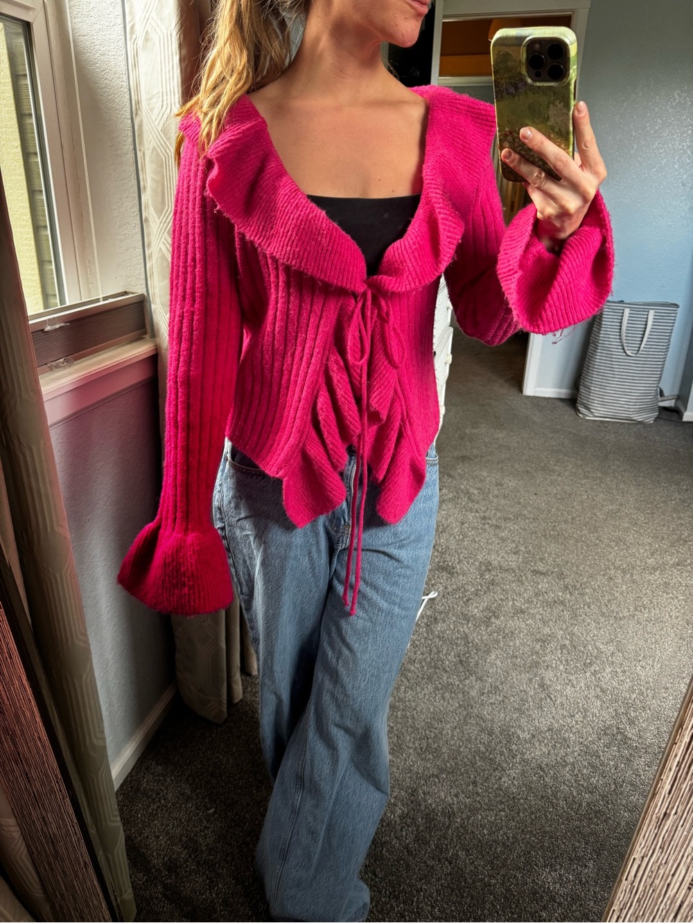 Fuchsia Ruffle-Trim Tie-Front Sweater